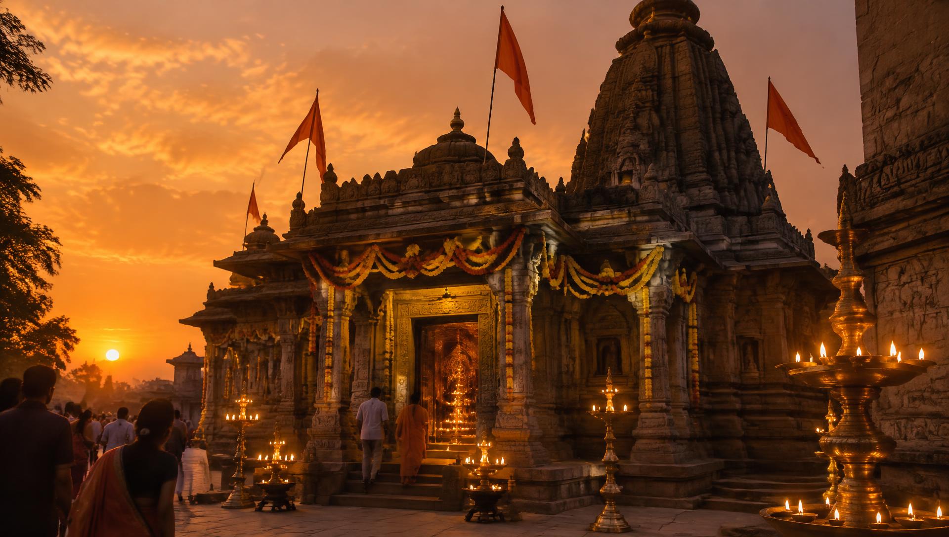संध्याकाळी दिव्यांनी उजळलेले मंदिर